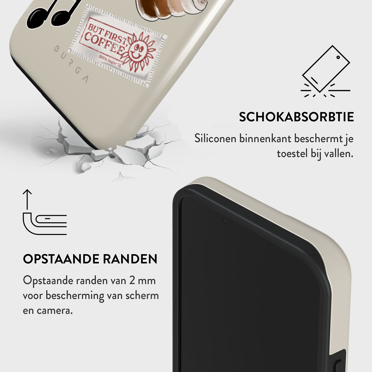 Telefoonhoesje met koffiethema. Toont impactbescherming en verhoogde randen voor scherm/camera bescherming.