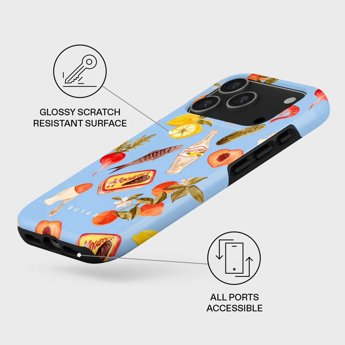 Een lichtblauwe telefoonhoes met illustraties van voedsel: fruit, vis en een fles. Het heeft een glanzend, krasbestendig oppervlak.