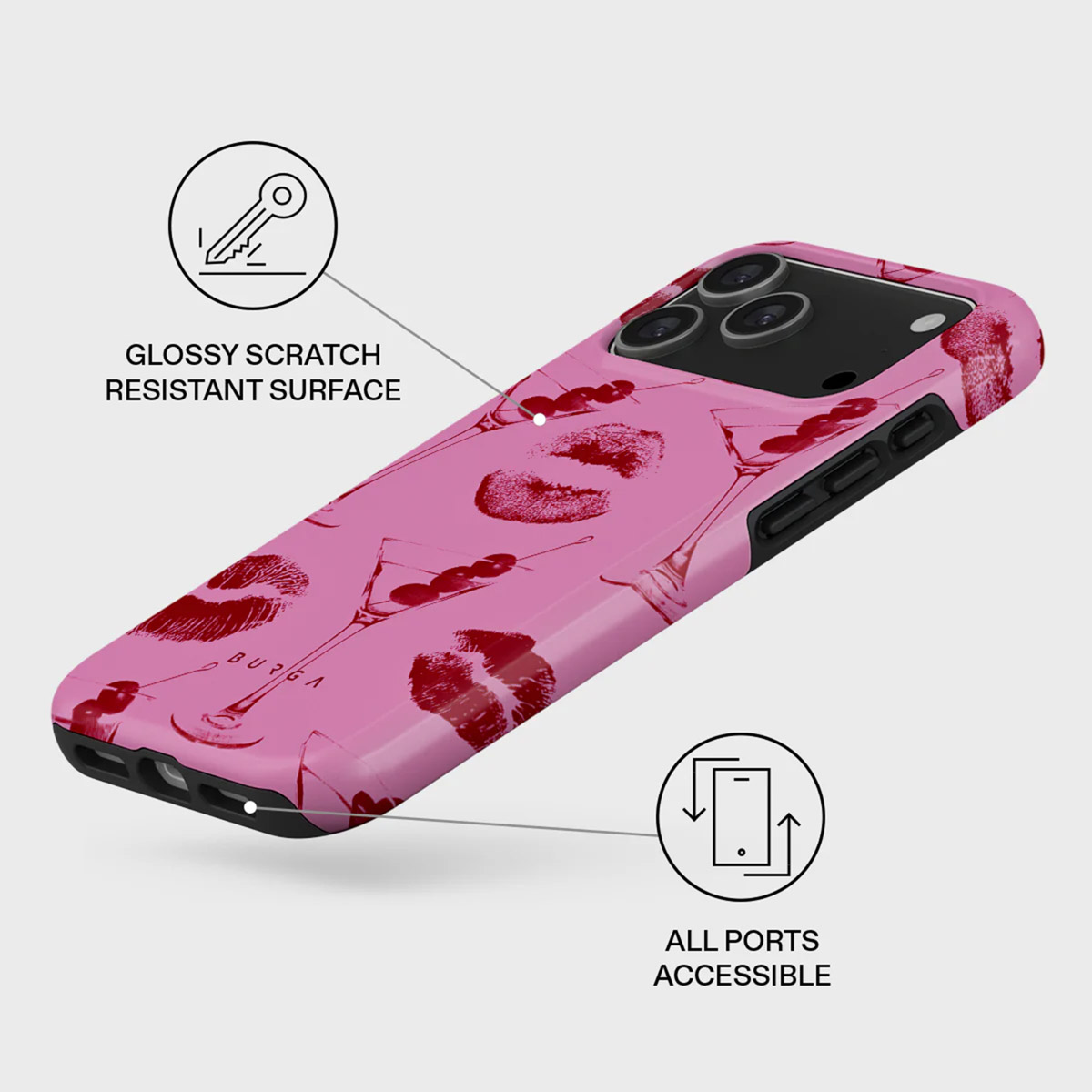 Roze telefoonhoesje met rode lippen- en cocktailpatronen, glanzend oppervlak, alle poorten toegankelijk, krasbestendig.