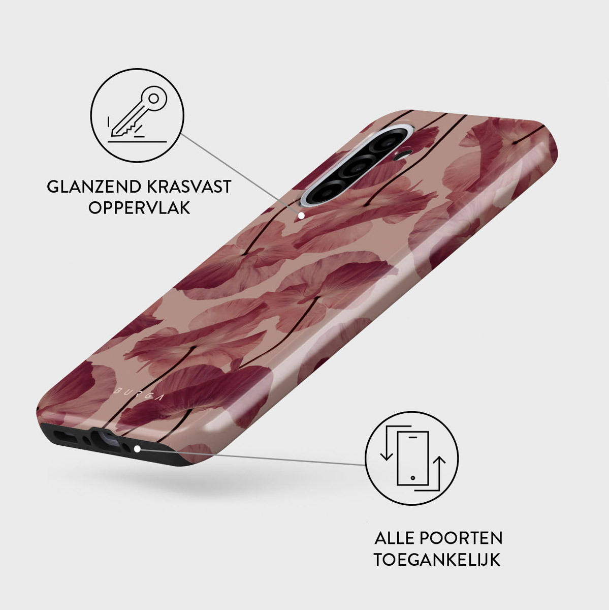 Een telefoonhoesje met een bloemenpatroon in roze en bruine tinten. Het is glanzend en heeft het woord 'BURGA' erop.
