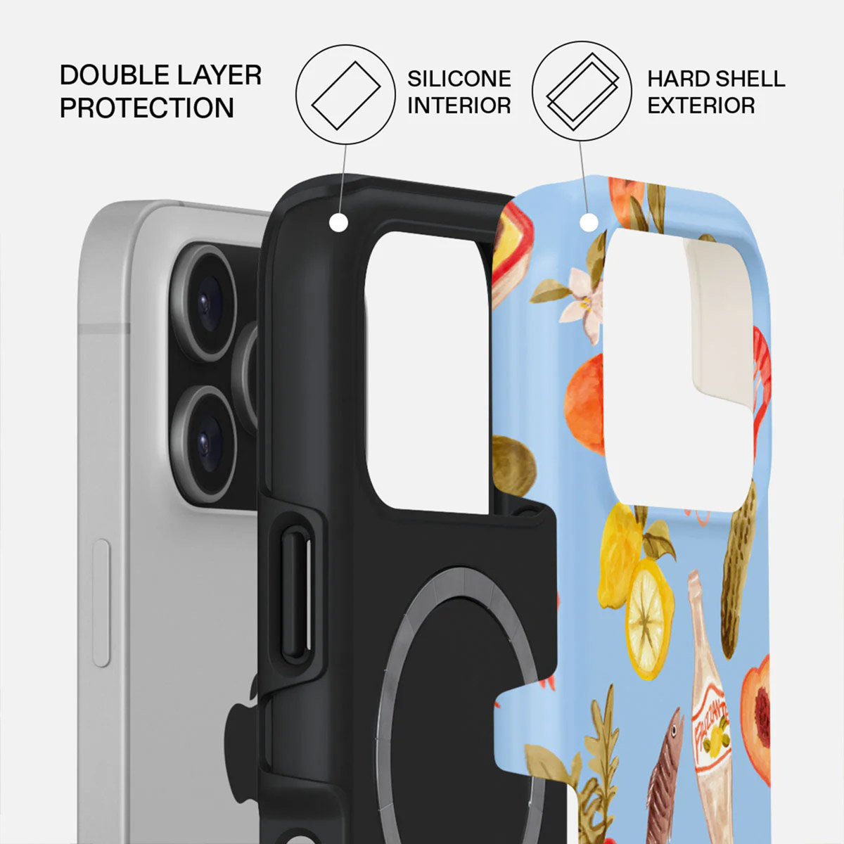 Telefoonhoeslagen met een telefoon, zwart frame en een blauwe harde buitenkant versierd met fruit.