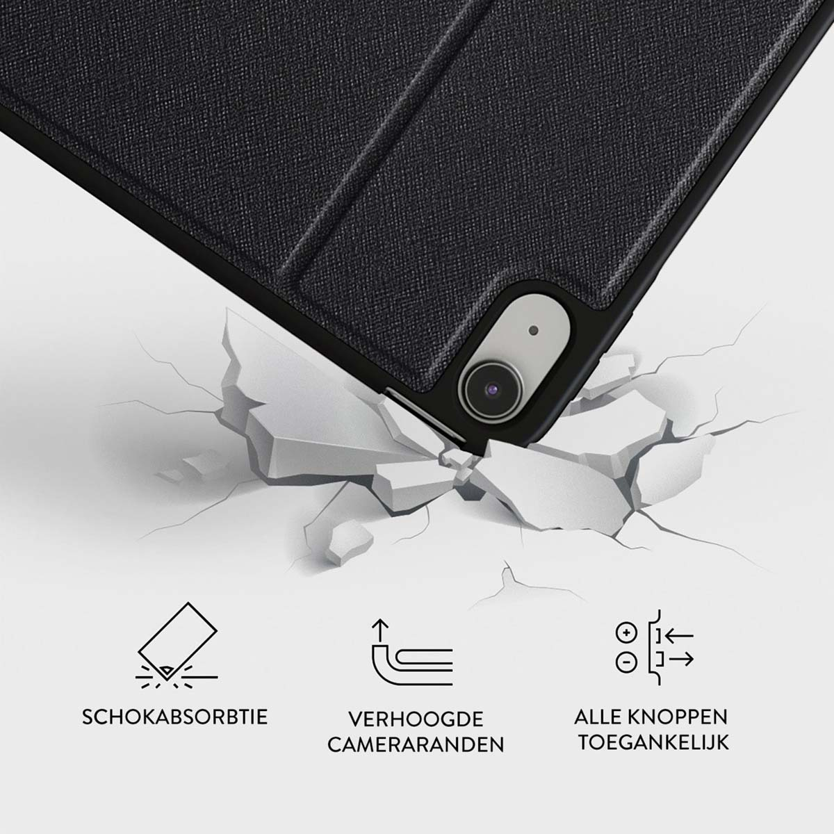 Étui de tablette noir sur béton blanc brisé. Texte : absorption des chocs, bords de caméra surélevés, tous boutons accessibles.
