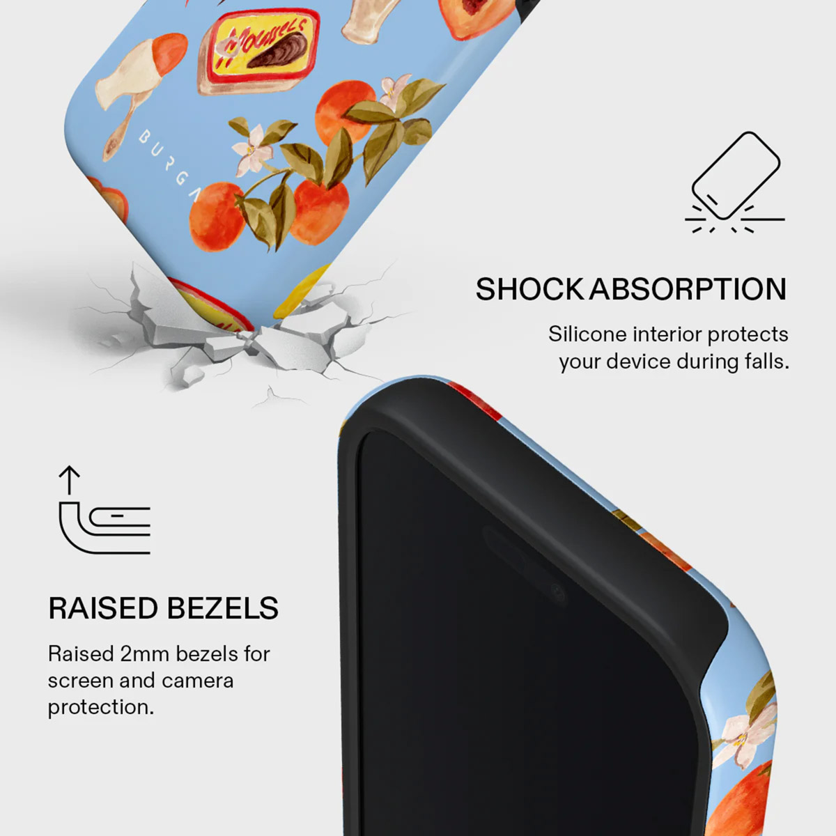 Telefoonhoesje met fruitprint. Kenmerken zijn verhoogde randen voor scherm- en camerabescherming en schokabsorptie.
