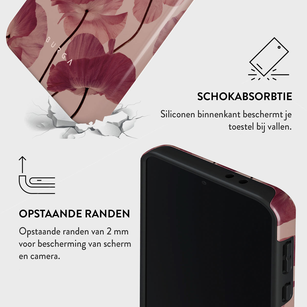 Een telefoonhoesje met een bloemmotief wordt getoond, samen met afbeeldingen die schokabsorptie en verhoogde randen aangeven.