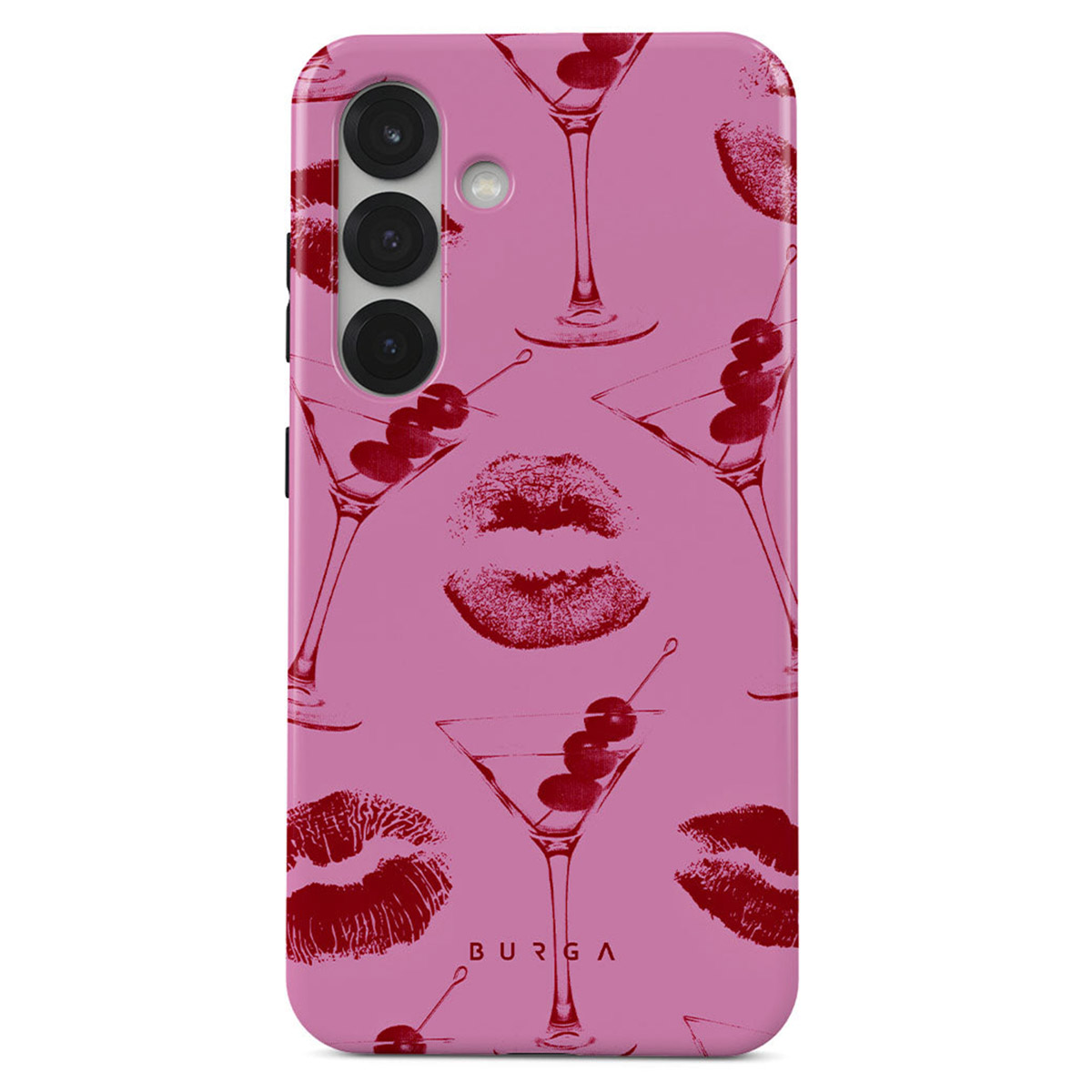 Roze telefoonhoesje met herhaald patroon van rode lipafdrukken en martiniglazen met kersen.