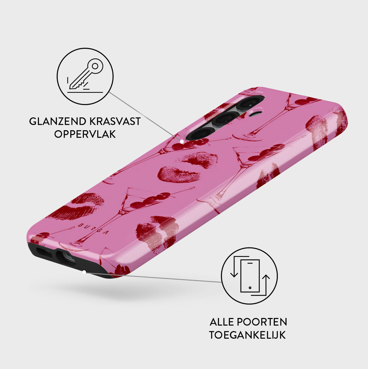 Roze telefoonhoesje met rode lippenstiftvlekken en cocktailglazen. Het heeft de woorden 'BURGA' en iconen erop.