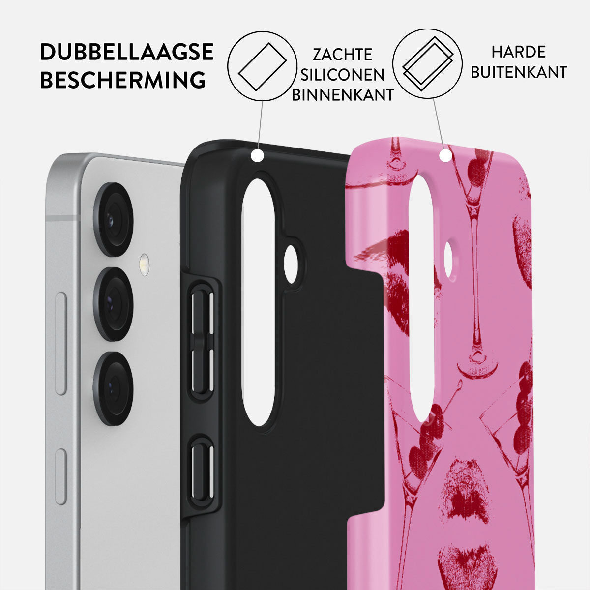 Telefoonhoeslagen: zilveren telefoon, zwart interieur, roze buitenkant met cocktailglazen. Tekst: dubbellaagse bescherming.