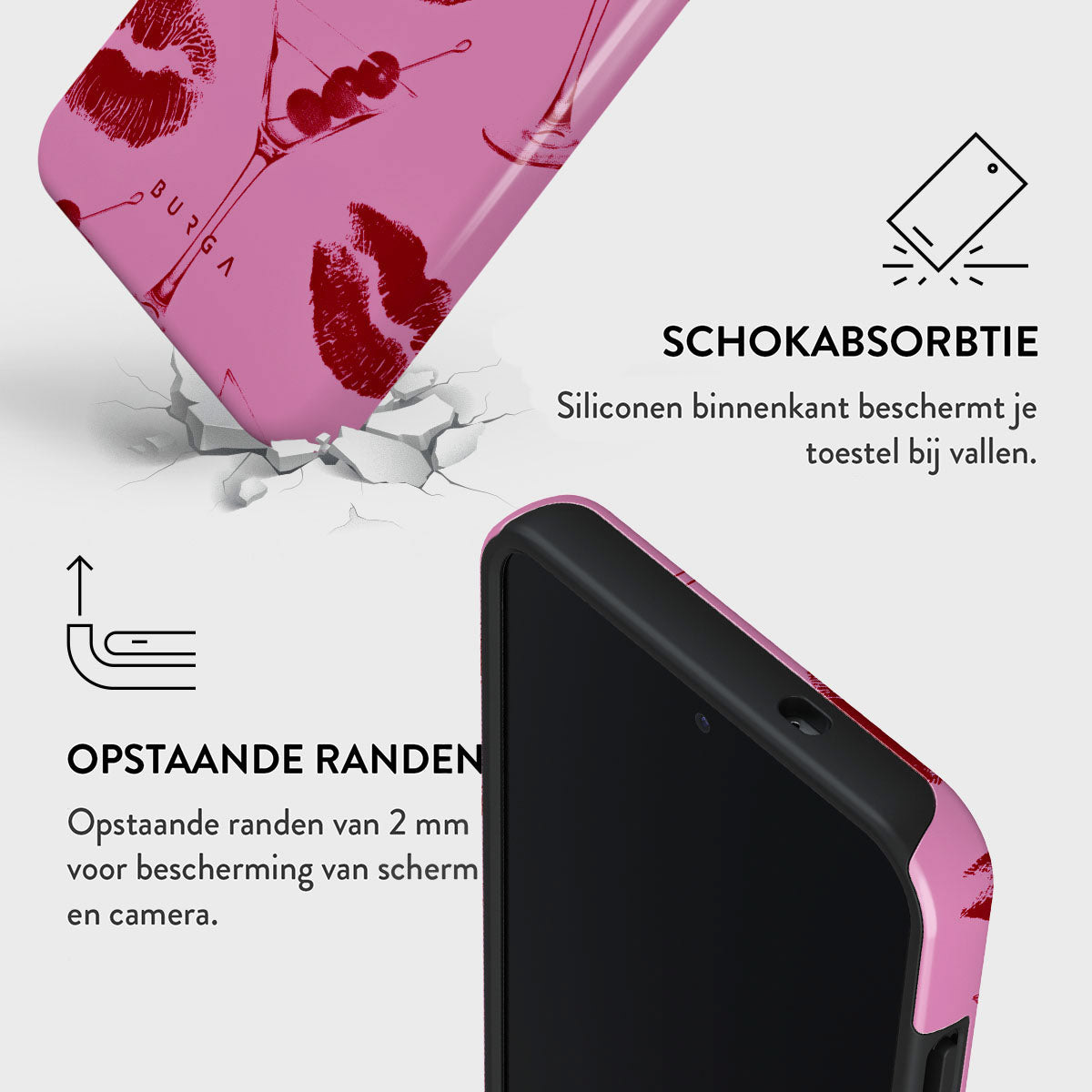 Roze telefoonhoesje met martini- en lippenontwerp, zwarte telefoon binnenin. Tekst vermeldt schokabsorptie en verhoogde randen.