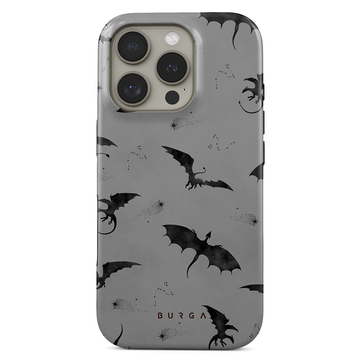 Une coque de téléphone avec un fond gris, des silhouettes de dragons noirs, des constellations et la marque BURGA.