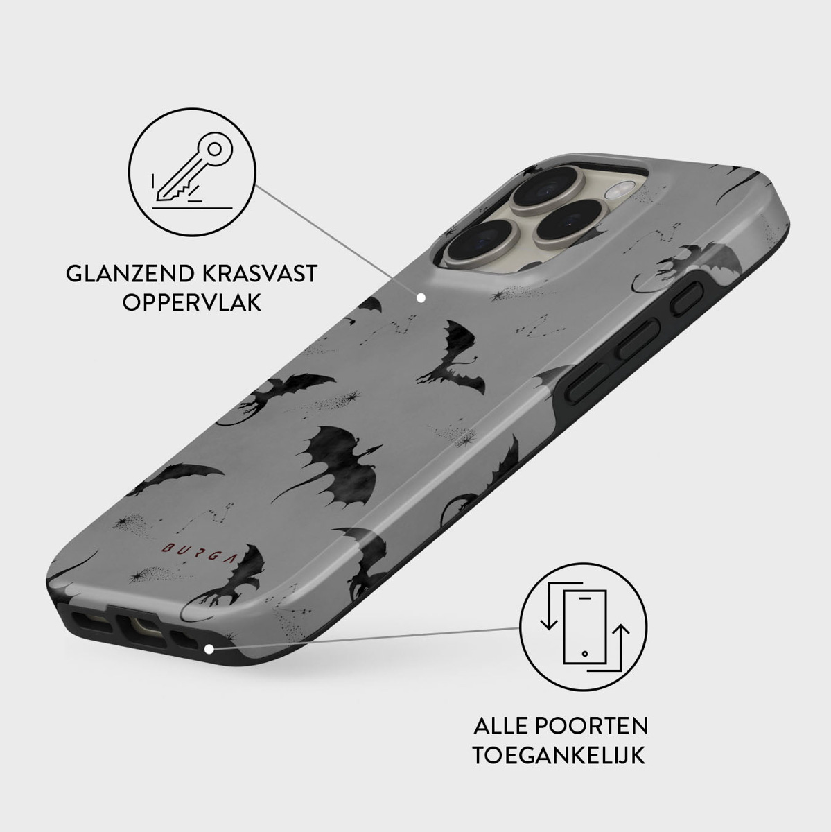 Une coque de téléphone avec un fond gris et des silhouettes de dragons noirs. Elle comporte des éléments de design et du texte. La coque est brillante et résistante aux rayures.