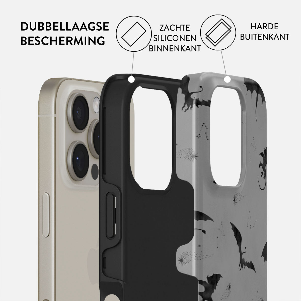 Coque de téléphone avec motif de dragon. Elle a une couche intérieure en silicone souple et une couche extérieure dure. Textes en néerlandais indiquent la protection.