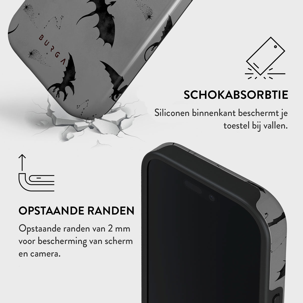 Une coque de téléphone avec des silhouettes de dragons est partiellement brisée. Le texte indique 'SCHOKABSORBTIE' et 'OPSTAANDE RANDEN', avec des protections.