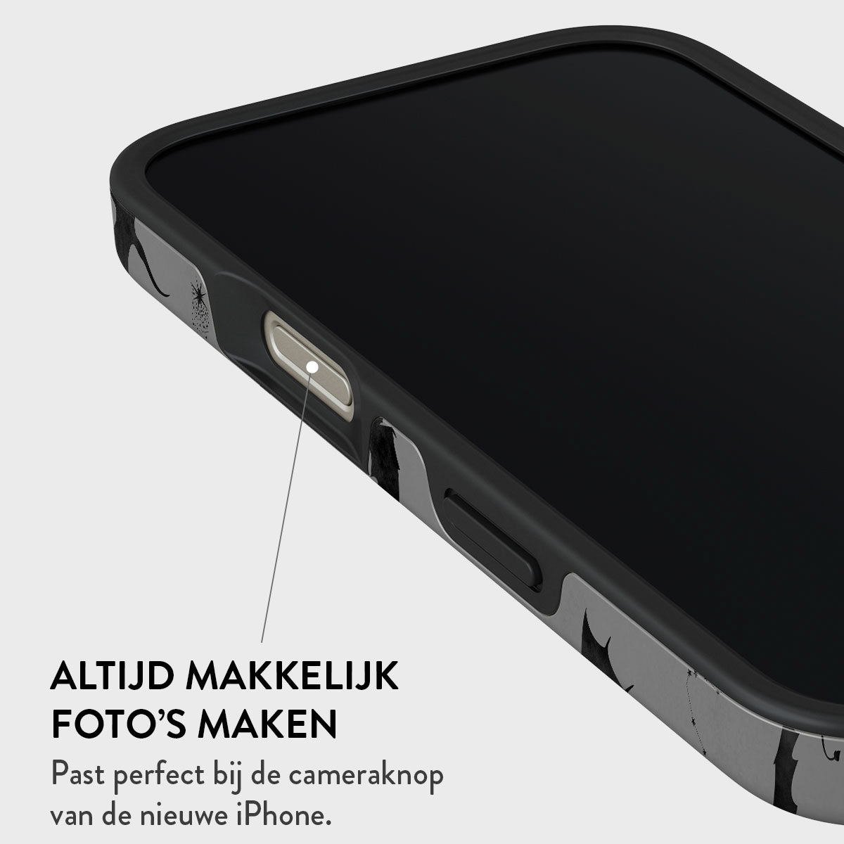 Gros plan sur une coque de téléphone noire avec un écran noir. L'étui a un motif décoratif et est sur fond gris clair.