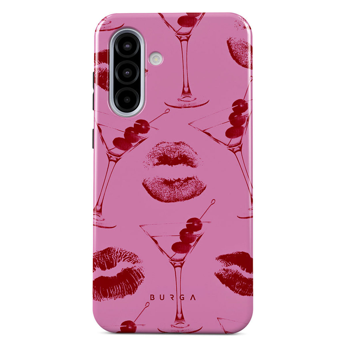 Roze telefoonhoesje met rode lipafdrukken, martini glazen met kersen. Het woord BURGA staat onderaan.