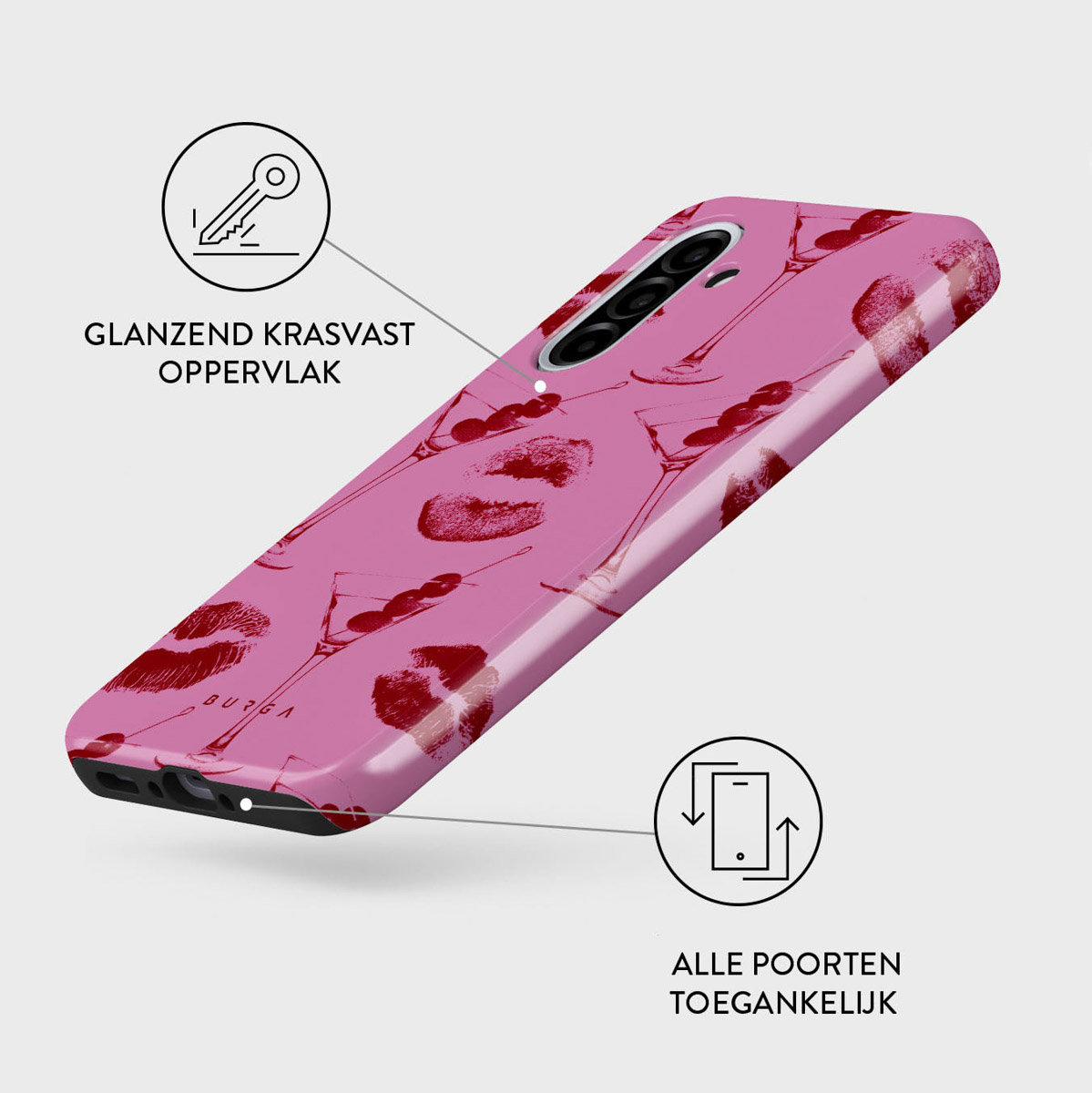 Een roze telefoonhoesje met rode kusafdrukken van lippenstift en martiniglazen. Er staat 'BURGA' op.