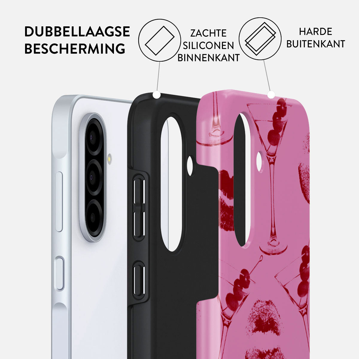 Een telefoonhoesje met een roze ontwerp van martiniglazen en lipafdrukken, met beschermlagen. Nederlandse tekst.