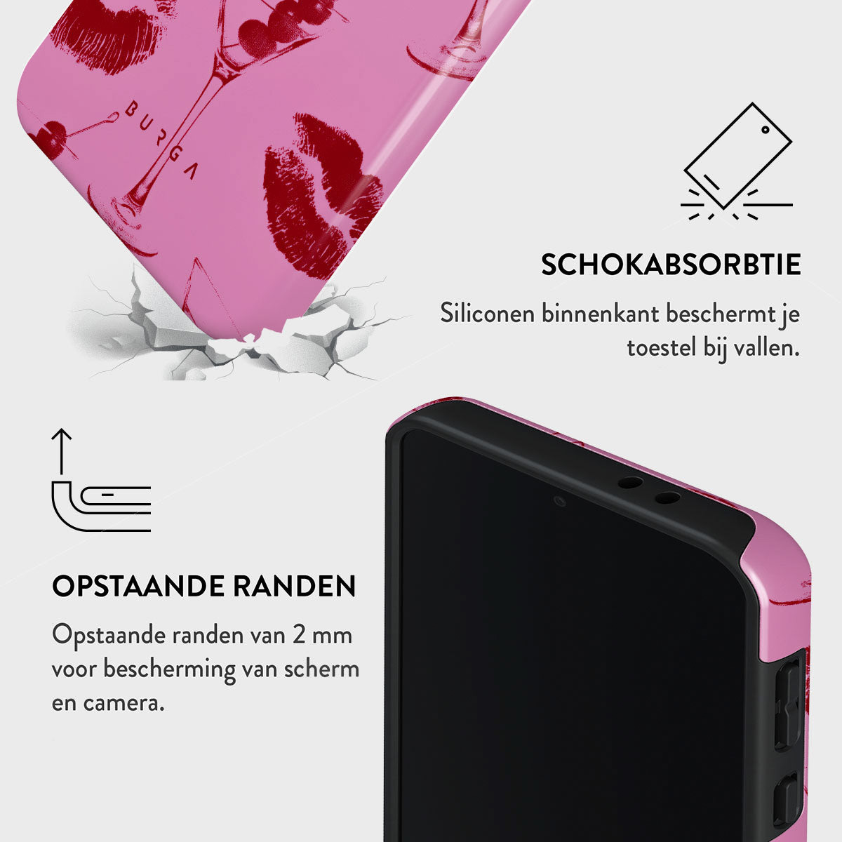 Roze telefoonhoesje met rode lippenstiftvlekken en martiniglazen. Kenmerken zijn schokabsorptie en verhoogde randen voor scherm- en camerabescherming.