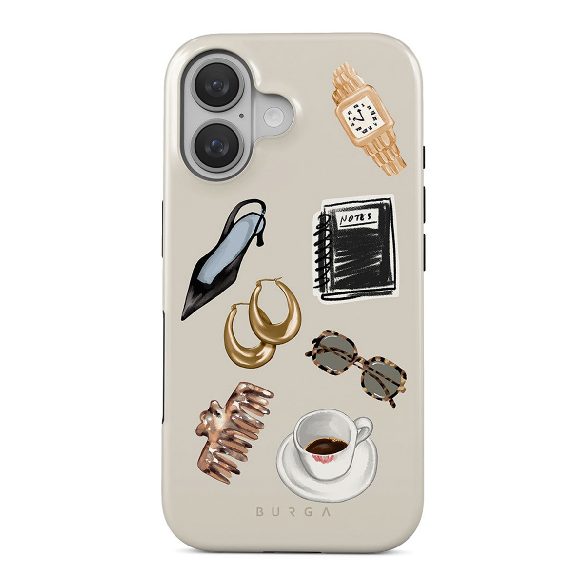 Coque de téléphone avec illustrations : escarpin, boucles d'oreilles, lunettes de soleil, café, montre, carnet et pince à cheveux.