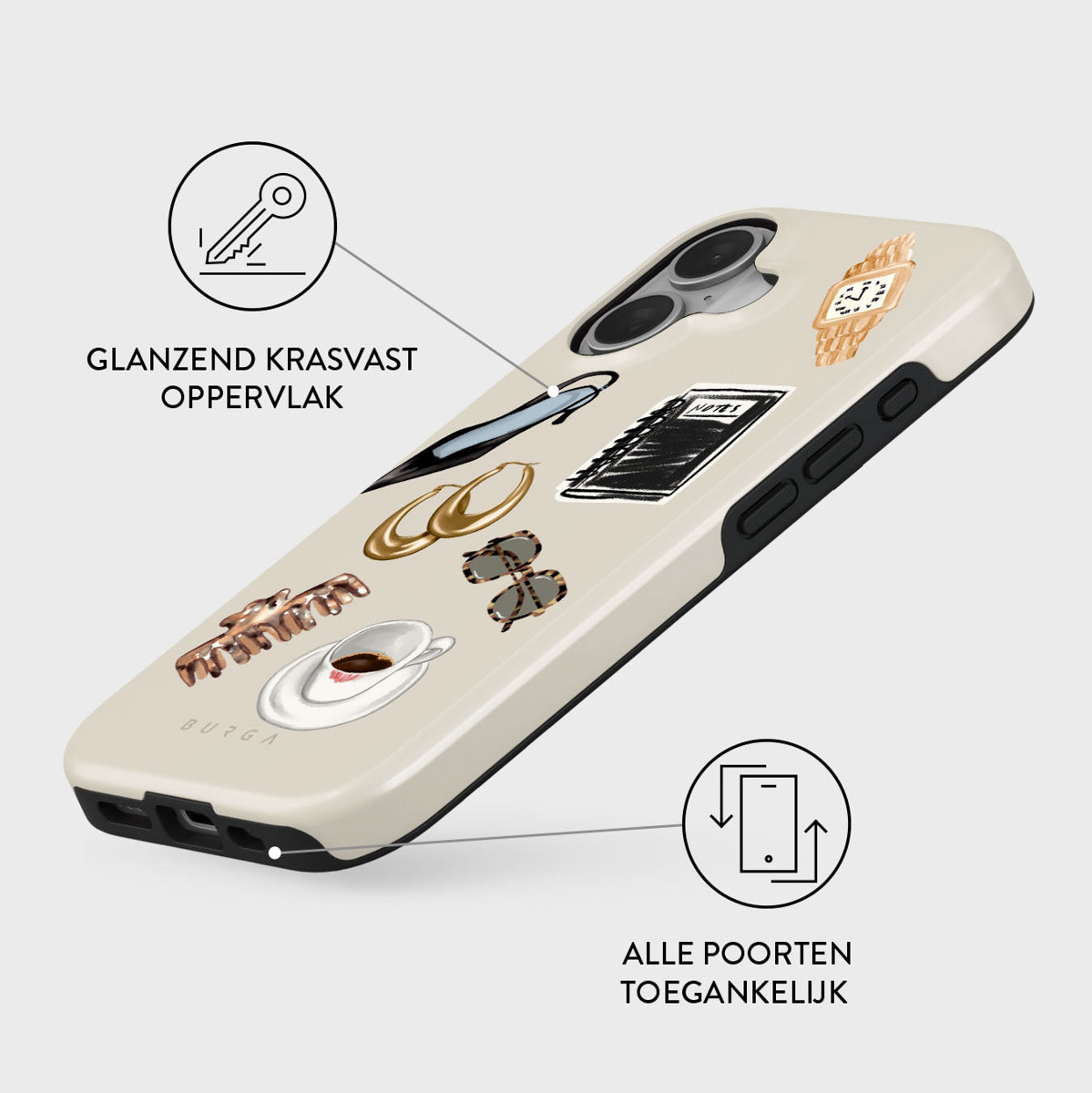 Coque de téléphone avec illustrations: clé, montre, boucles d'oreilles, café, lunettes de soleil et carnet. Texte : Glanzend Krasvast Oppervlak.