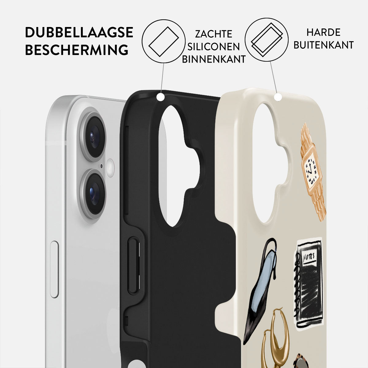 Une coque de téléphone montre des couches, un intérieur noir et un extérieur beige avec des illustrations comprenant une montre, des boucles d'oreilles et un carnet.