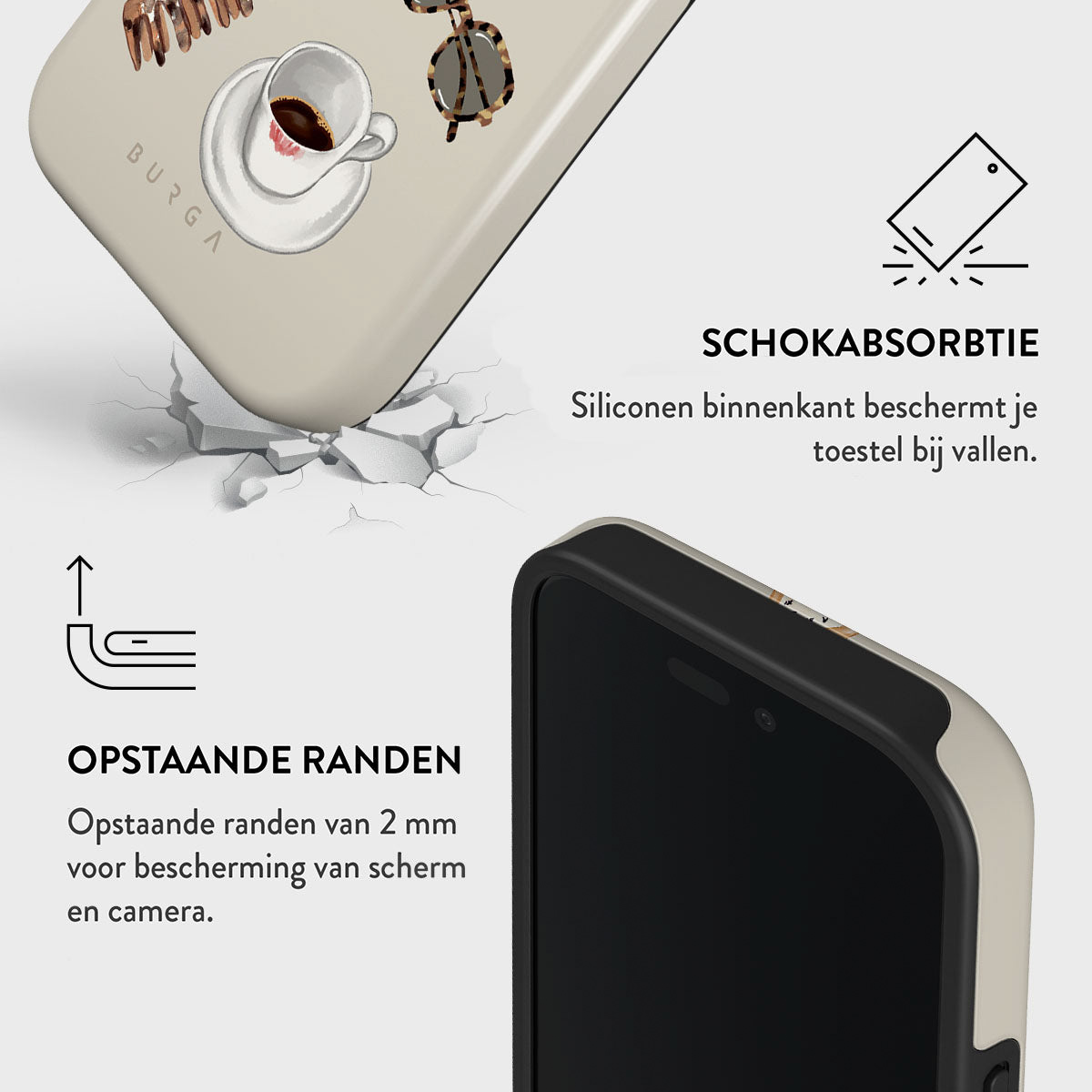Une coque de téléphone avec un design de tasse à café et de lunettes de soleil. Le texte indique l'absorption des chocs et des bords relevés.