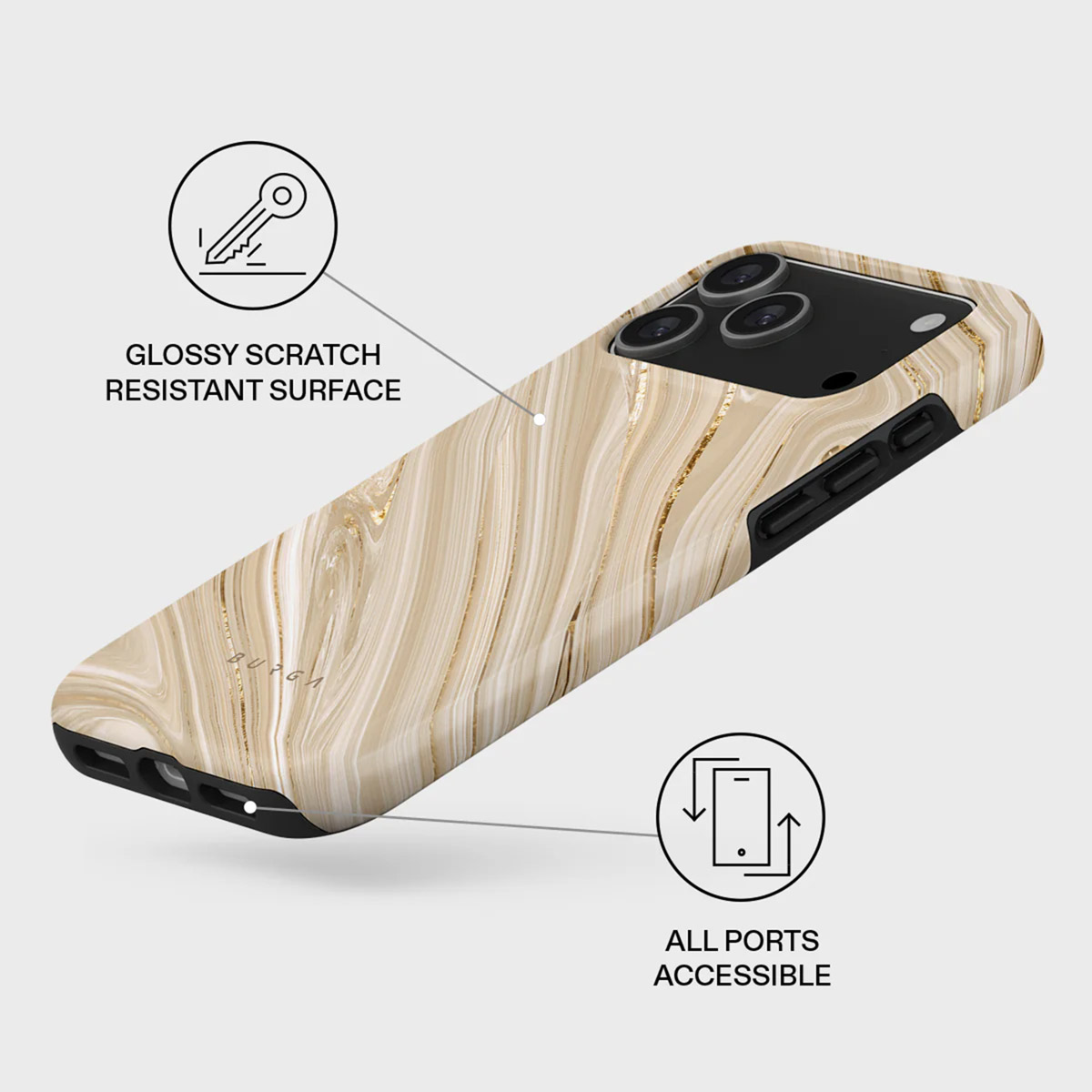 Coque de téléphone avec motif marbre. Zone caméra noire et côtés noirs. Texte : surface brillante résistante aux rayures, tous les ports accessibles.