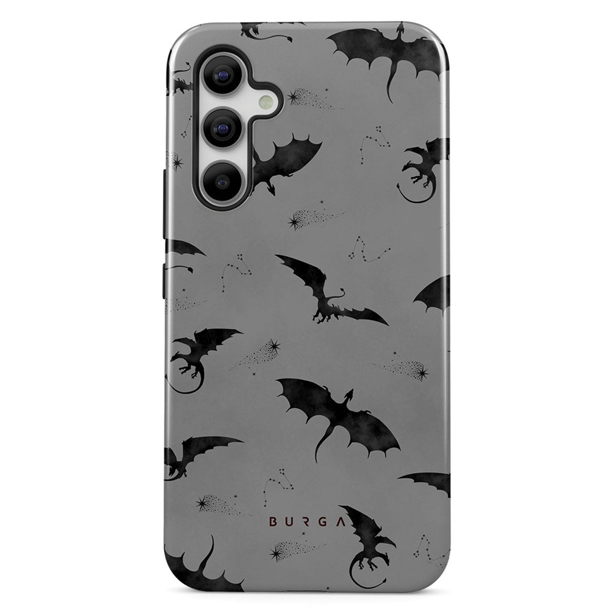 Een telefoonhoesje met een grijze achtergrond. Zwarte draken en sterrenbeelden zijn verspreid over de hoes.