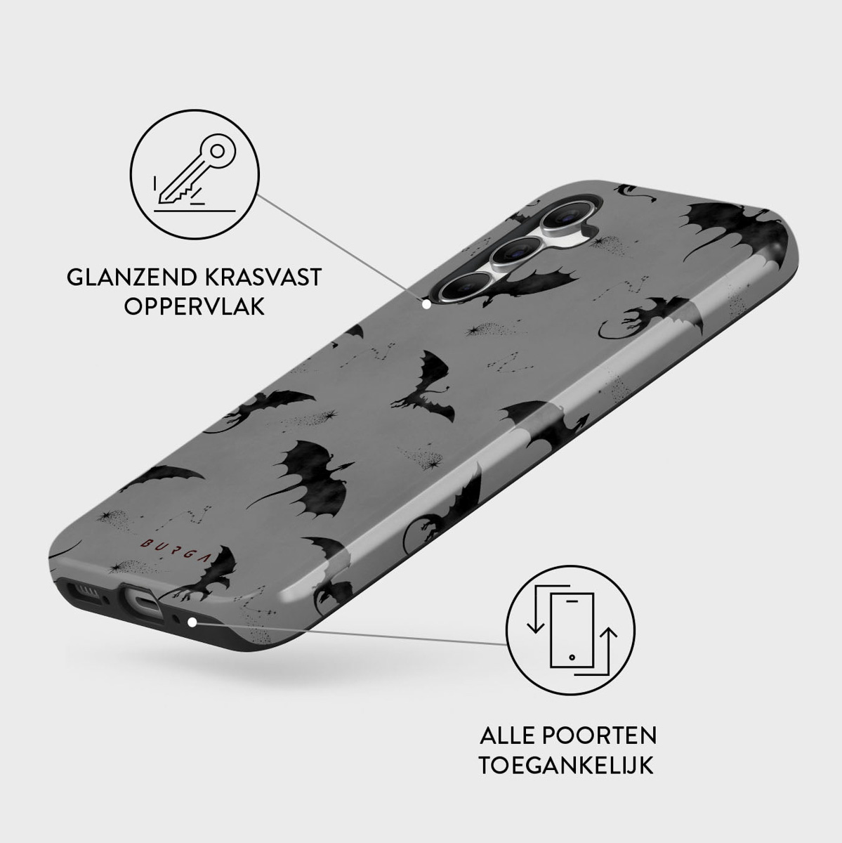 Een telefoonhoesje met een drakenpatroon. De hoes is grijs en heeft zwarte draken. De achtergrond is wit.