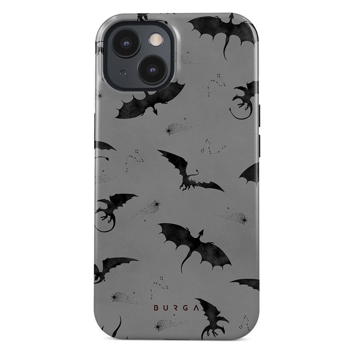Grijze telefoonhoes met zwarte draak silhouetten, sterrenbeelden en BURGA logo.