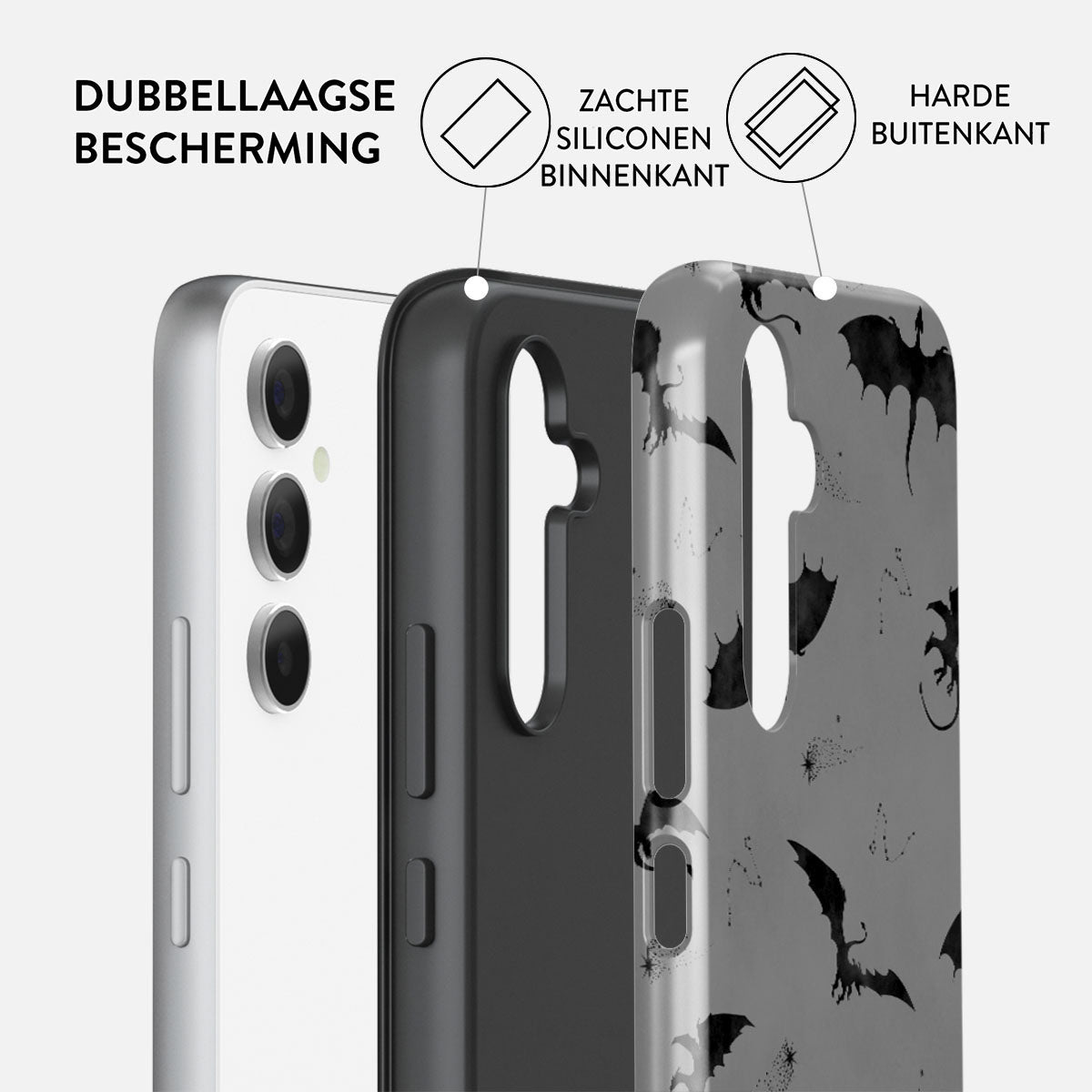 Telefoonhoeslagen, witte telefoon, zwarte hoes en grijze hoes met vleermuissilhouetten. Nederlandse tekst geeft dubbele bescherming aan.