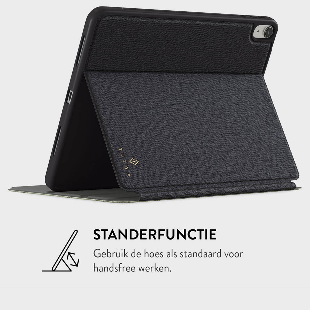 A black tablet case with a stand function. The case is open, showing the screen. Text below says: Use the case as a stand for hands-free work.