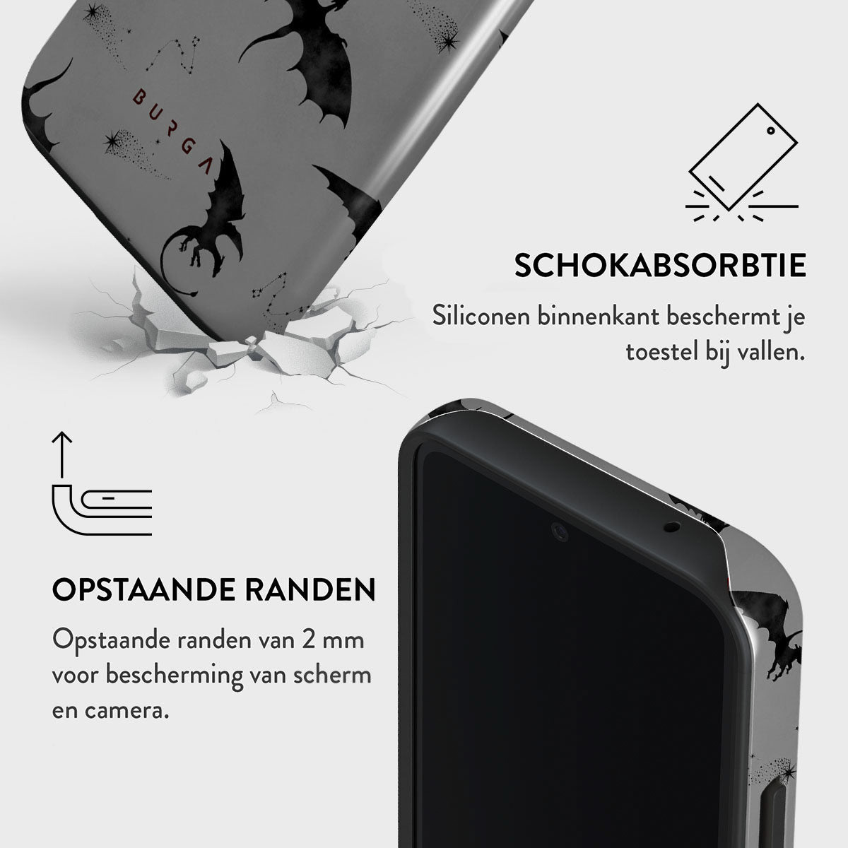 Telefoonhoesje met drakenontwerp, dat de grond breekt. Tekst: Schokabsorptie, verhoogde randen voor scherm- en camerabescherming.