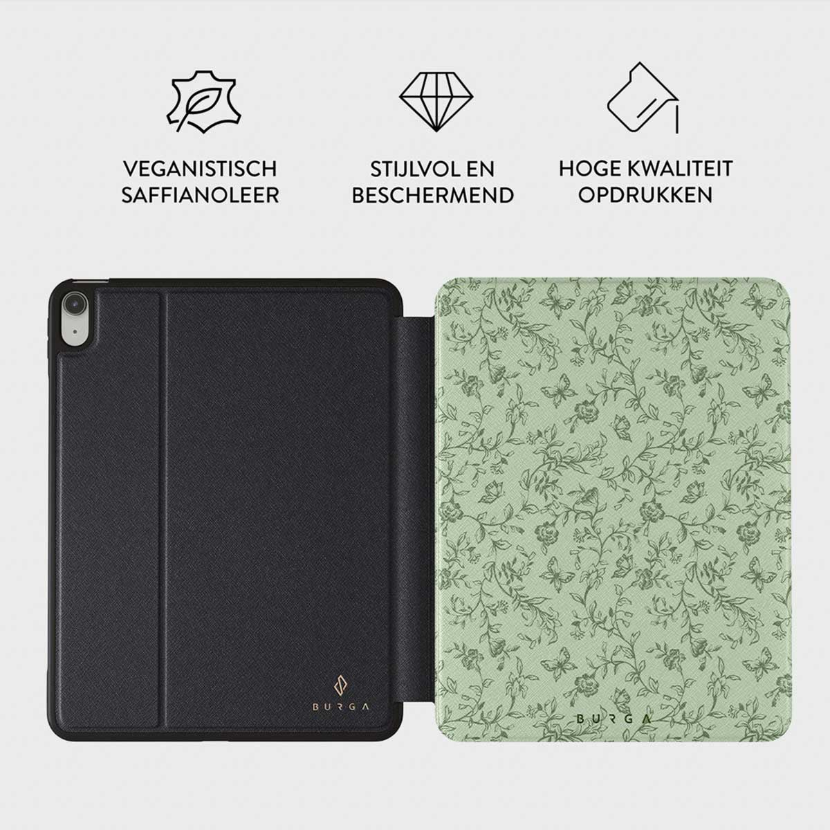 Tablet case open. Left side black, right side light green with floral pattern. Top text: Vegan leather, stylish, high quality print.