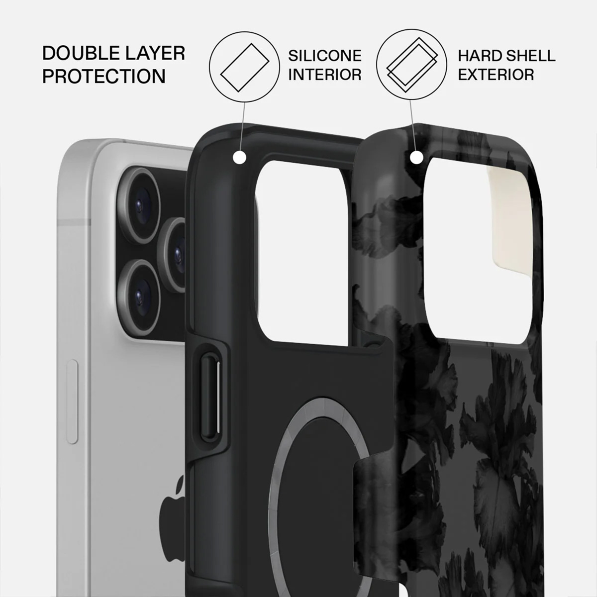 Coque de téléphone avec double protection. L'étui est noir avec un motif floral. La couche interne est en silicone. Le téléphone est visible.