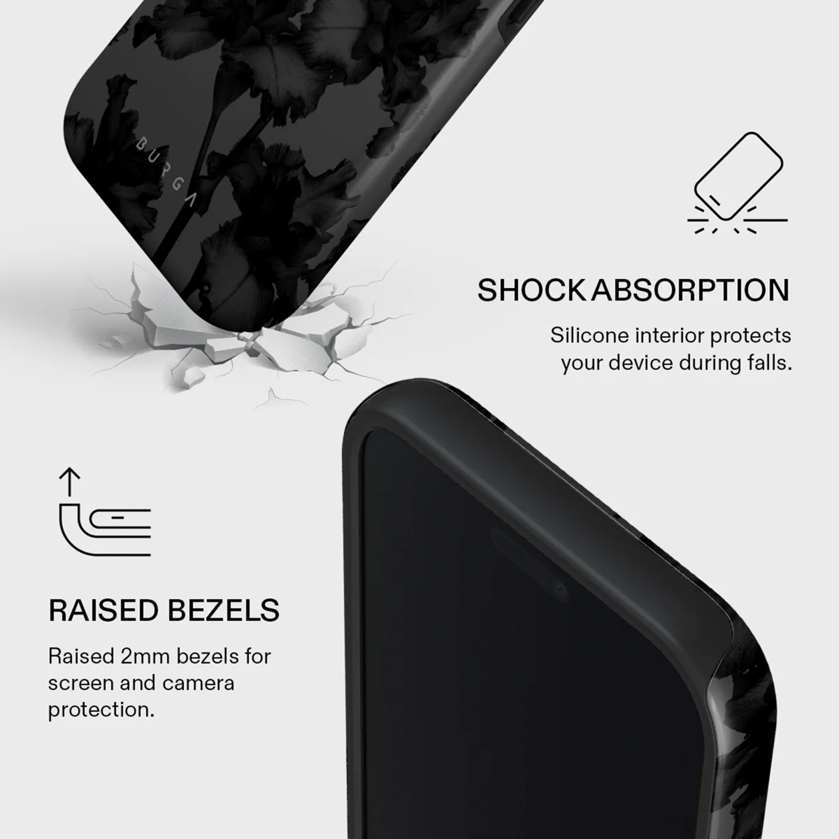 Une coque de téléphone noire avec un motif floral. Caractéristiques : bords surélevés pour la protection de l'écran et l'absorption des chocs.