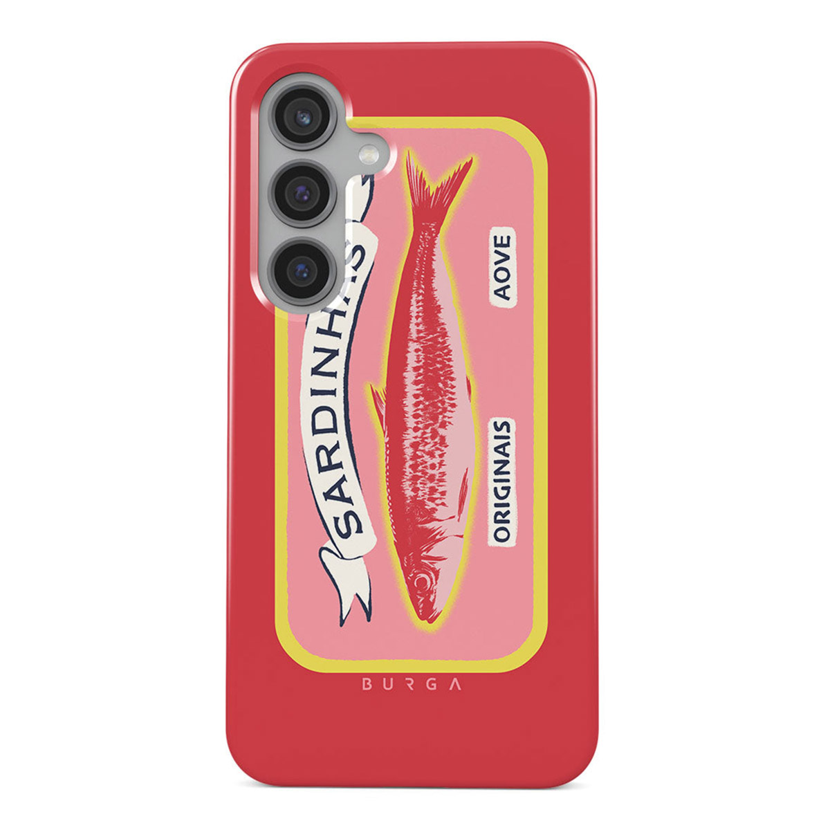 A red phone case with a sardine can design. The can features a red fish, pink background, and yellow border. 'Sardinha' is written.