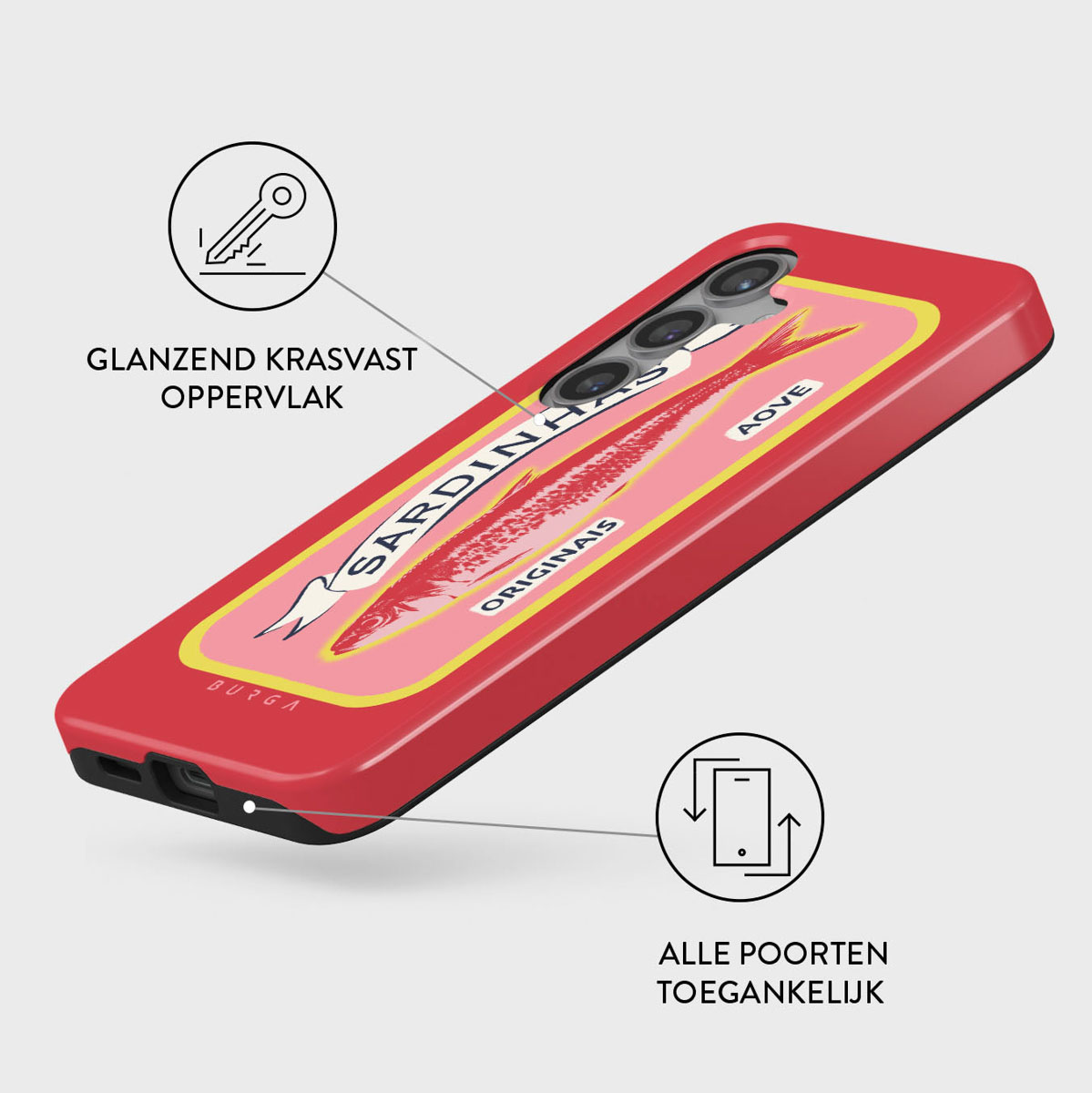 Phone case with a sardine can design. The text includes 'Sardinhas' and 'Originais'. The case is red with yellow and pink accents.