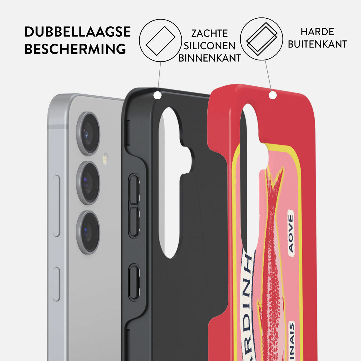 Phone case showing layers: phone, black silicone, red hard outer case with sardine design. Text: double layer protection.