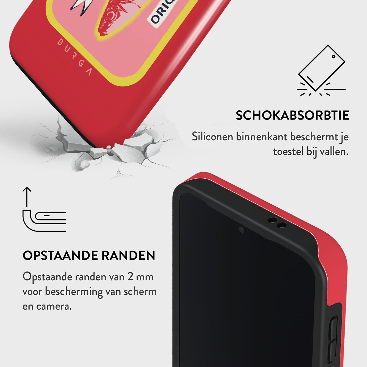 A phone case angled, with details of the edges and protection features. Text details shock absorption and raised edges.
