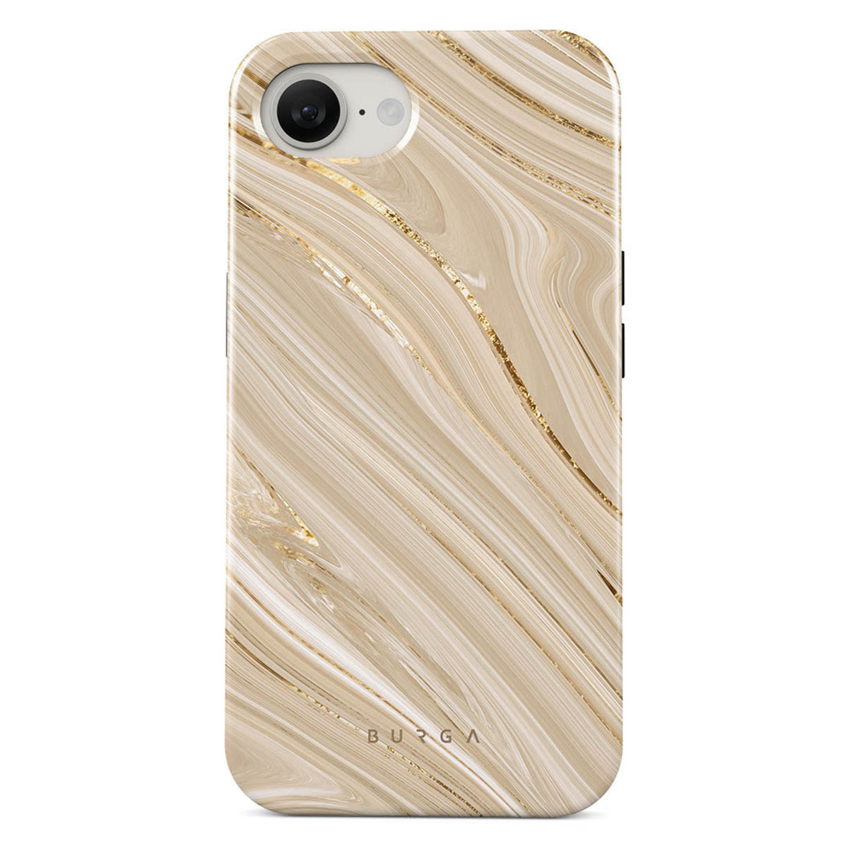Telefoonhoesje met een marmerontwerp in crème en goud. De cameralens is zichtbaar. Het woord 'BURGA' staat onderaan.