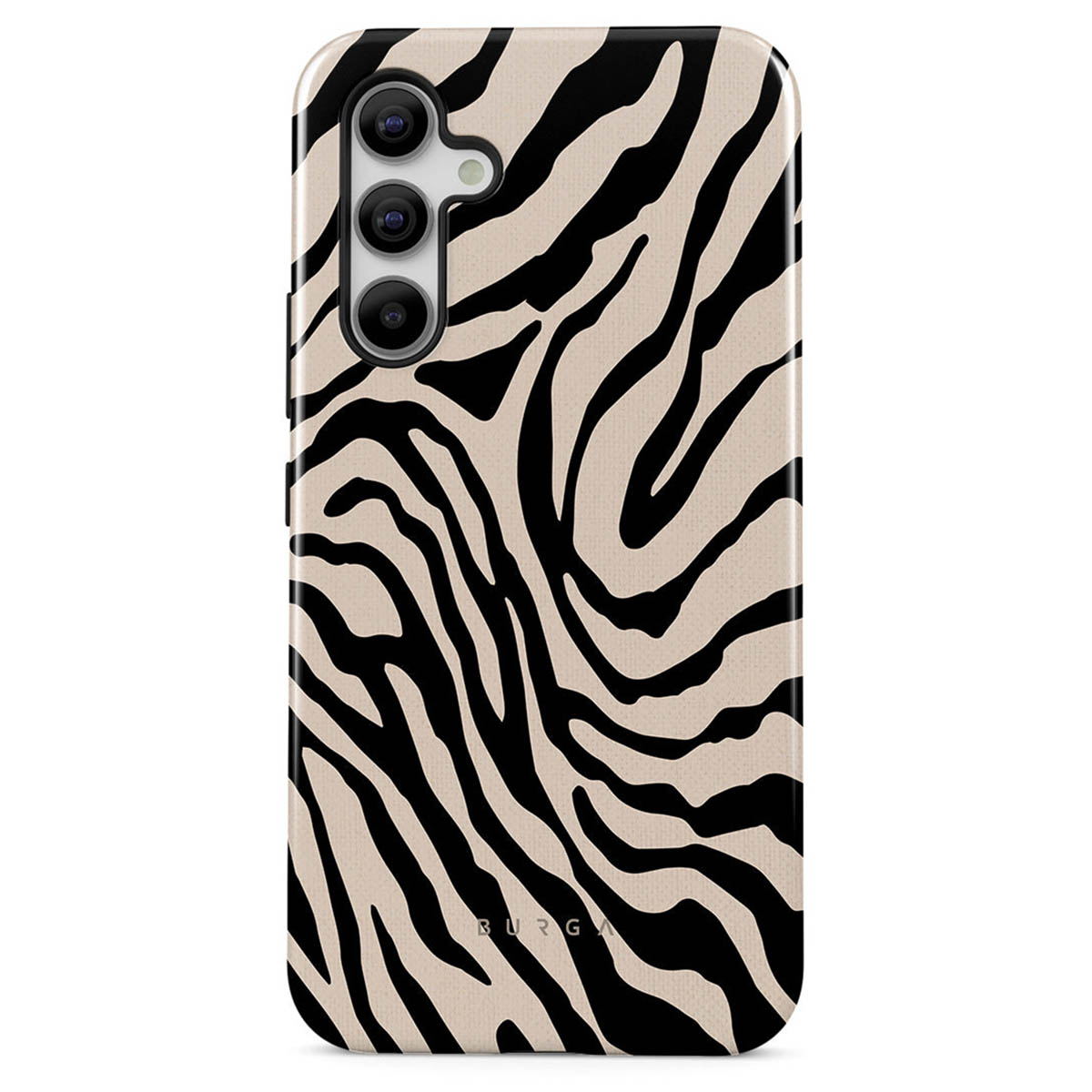 Een telefoonhoesje met een zebraprint ontwerp. De hoes is zwart en beige. De bovenkant heeft drie cameralenzen.