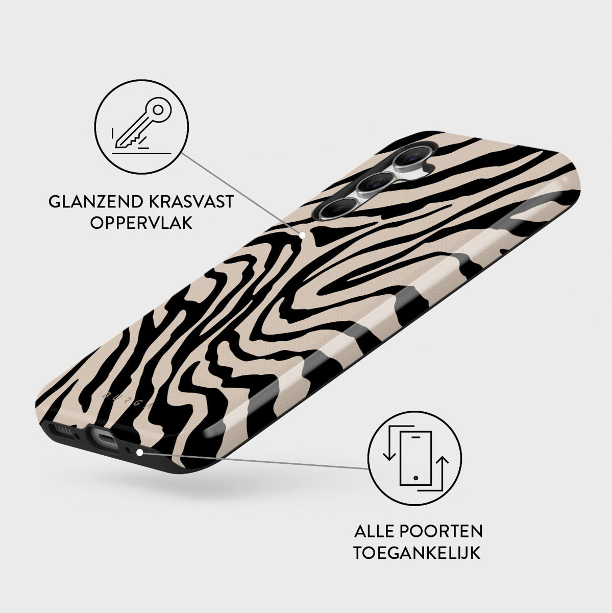 Een telefoonhoesje met zebraprint. Het heeft zwarte en beige strepen. Tekst in het Nederlands: 'glanzend krasvast oppervlak' en 'alle poorten toegankelijk'.
