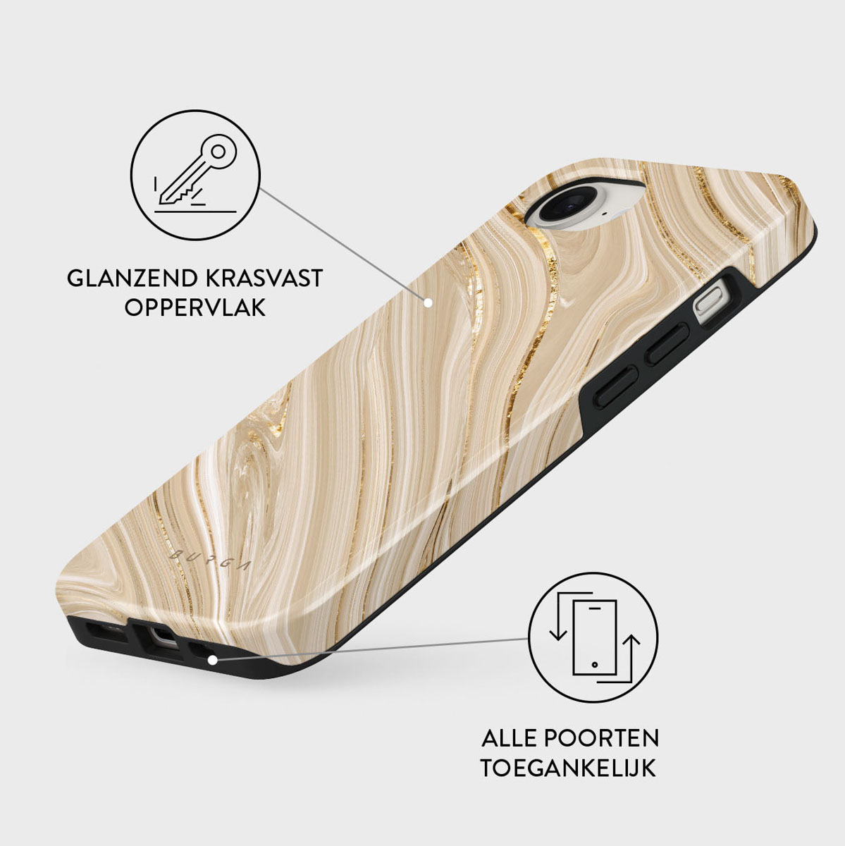 Een telefoonhoesje met een marmerontwerp, met gouden aderen. Tekst geeft een glanzend, krasbestendig oppervlak en toegankelijke poorten aan.