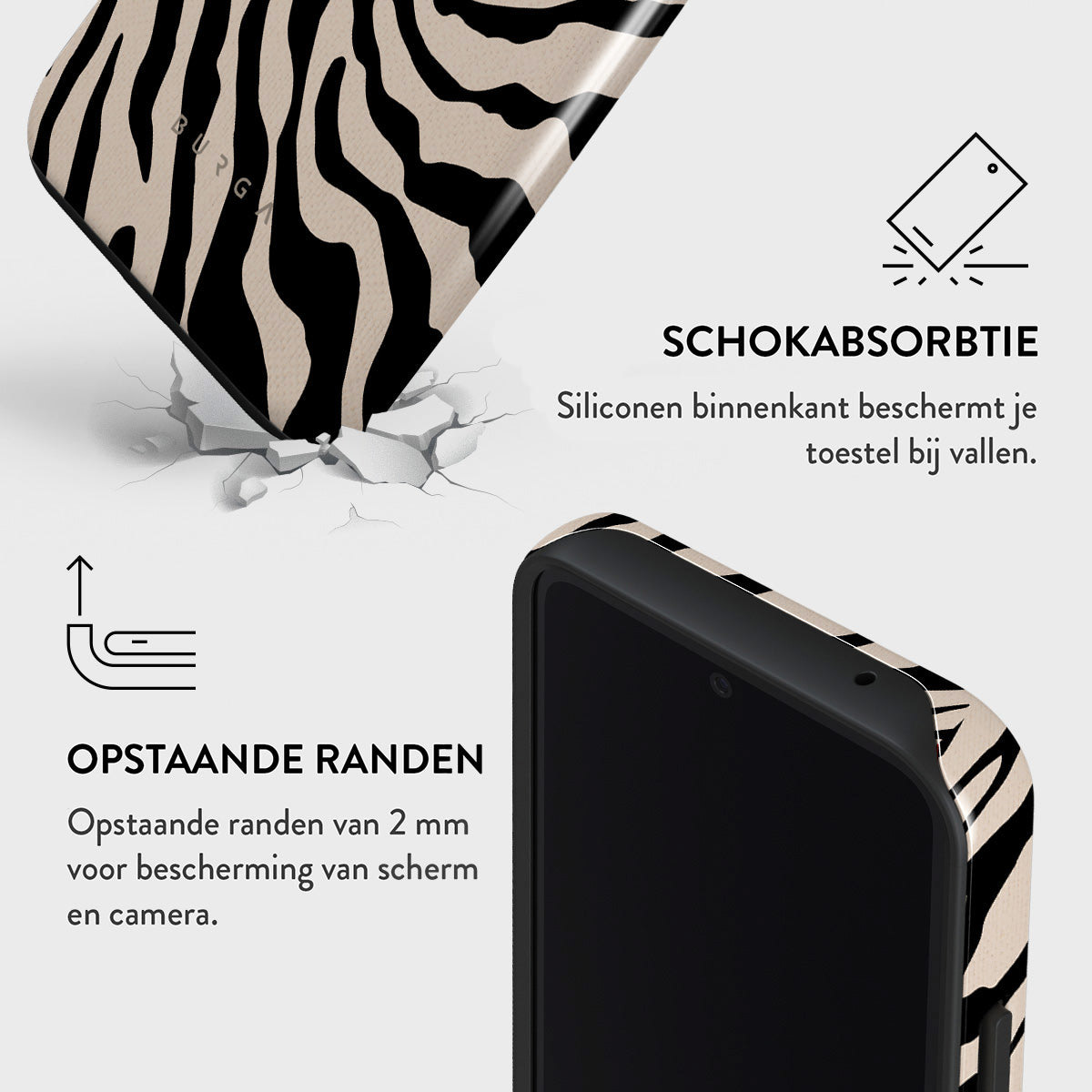 Telefoonhoesje met zebraprint, schokabsorptie en verhoogde randen voor scherm- en camerabescherming. Witte achtergrond.