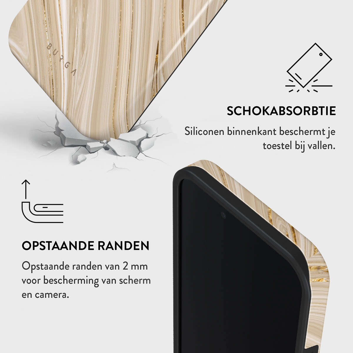 Telefoonhoesje met marmer design. Tekst: schokabsorptie, opstaande randen voor scherm- en camerabescherming.