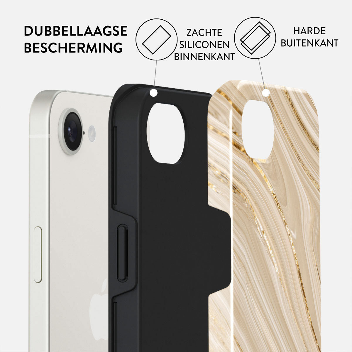 Een telefoon en beschermende lagen worden weergegeven. Het hoesontwerp omvat een zachte siliconen binnenkant en een harde buitenkant.