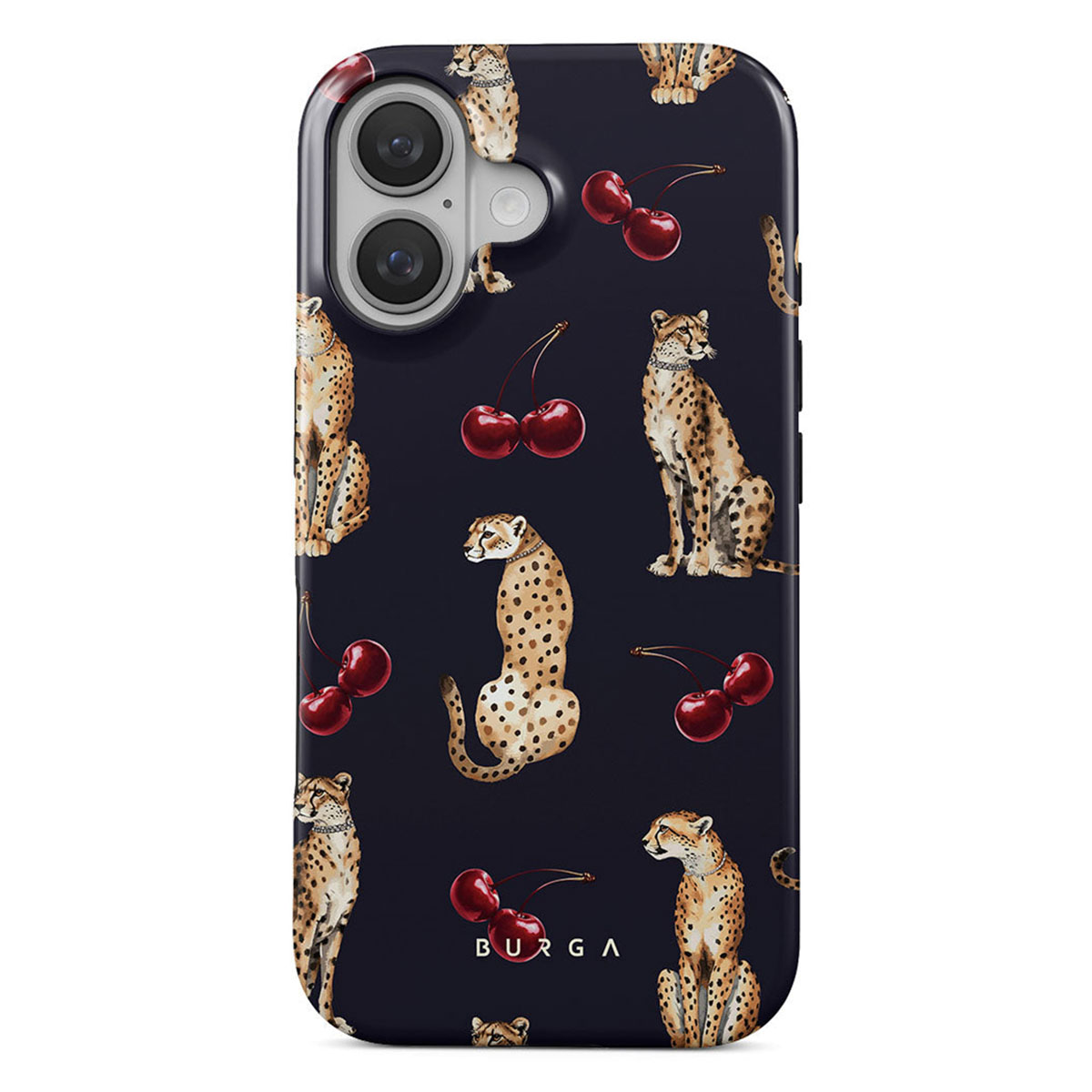 Une coque de téléphone avec un fond bleu foncé, représentant des guépards et des cerises. Les guépards sont dans diverses poses. Des cerises rouges.