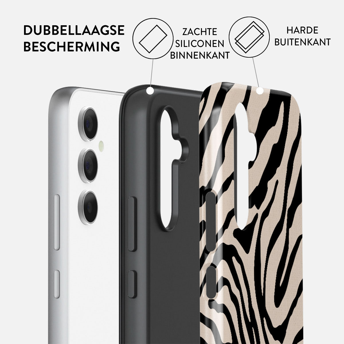 Telefoonhoesje met een zebrapatroon. De hoes wordt in lagen weergegeven. De telefoon is wit, de binnenste laag is zwart en de buitenste laag heeft een zebraprint.