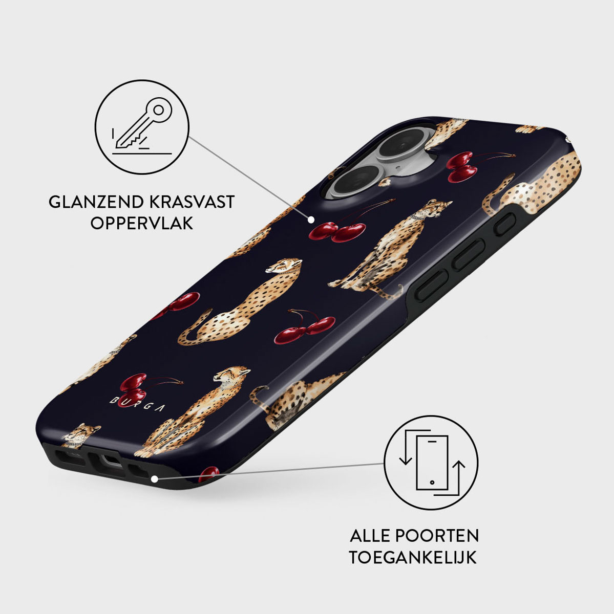 Coque de téléphone à motif léopard et cerises. Coque noire avec texte et schémas blancs. Fond blanc.