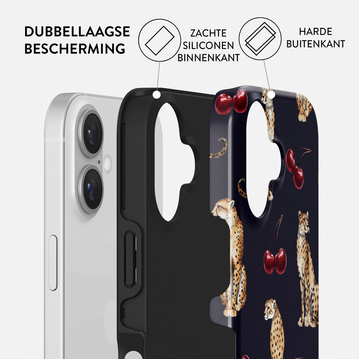 Coque de téléphone avec motif léopard et cerises, avec un iPhone, boîtier noir et étiquettes de texte. Protection double couche.